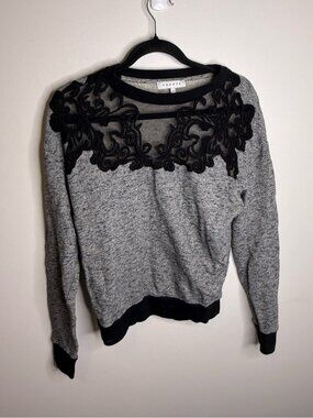 Sandro Gray Crewneck Sweater with Black Lace Yoke size 2 medium